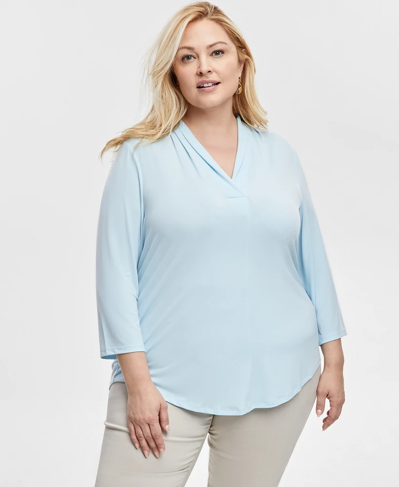 Jm Collection Plus Size Solid V-Neck 3/4-Sleeve Top, Exclusively at Macy's