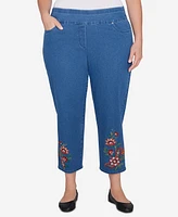 Alfred Dunner Plus Harvest Moon Floral Embroidered Denim Ankle Pants