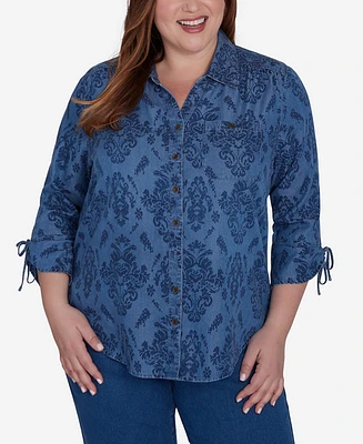 Alfred Dunner Plus Size Harvest Moon Soft Button Front Drawstring Sleeve Top