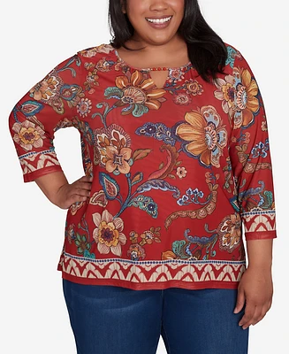 Alfred Dunner Plus Harvest Moon Floral Border Mesh Split Neck Top