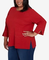 Alfred Dunner Plus Size Harvest Moon Spliced Solid Textured Crew Neck Top