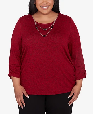 Alfred Dunner Plus Size Runway Ready Solid Melange Crew Neck Top with Necklace