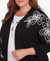 Alfred Dunner Plus Runway Ready Floral Embroidered Two One Sweater with Necklace