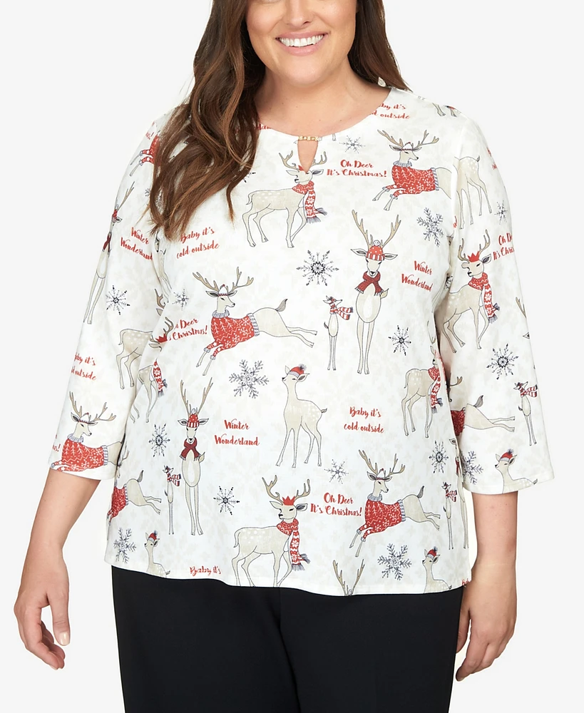 Alfred Dunner Plus Classic Deer Split Neck Top