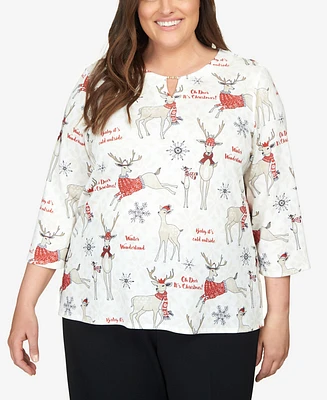 Alfred Dunner Plus Classic Deer Split Neck Top