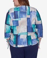 Alfred Dunner Plus French Quarter Blue Tone Box Print Ruched Top