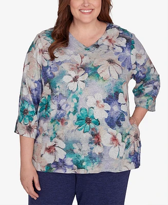 Alfred Dunner Plus French Quarter Watercolor Floral Melange Top with Pockets