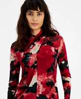 Bar Iii Women's Printed Twist-Neck Long-Sleeve Mesh Top, Created for Macy's