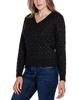 Belldini Women's Black Label Embellished Cabled V-Neck Sweater