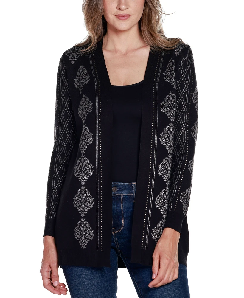 Belldini Women's Black Label Lurex Jacquard Open-Front Cardigan Sweater