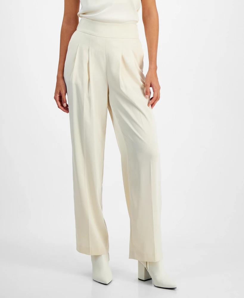 Bar Iii Women's Satin High Rise Pleat-Front Wide Leg Pants, Created for Macy's