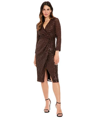 London Times Petite Sequin Faux-Wrap Long-Sleeve Dress