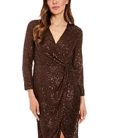 London Times Petite Sequin Faux-Wrap Long-Sleeve Dress