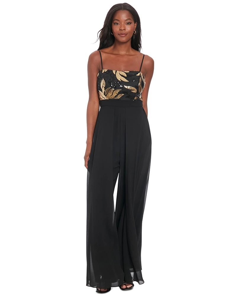 London Times Petite Sequin-Bodice Wide-Leg Jumpsuit