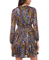 Msk Petite Paisley-Print Split-Neck Chiffon Dress