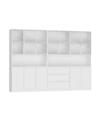 Famapy 16-Shelf Standard Bookcase With Tempered Glass Doors, 3 Drawers