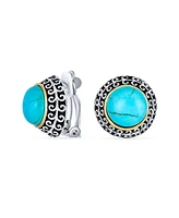 Bling Jewelry Set of 2 Bali Style Two Tone Black Onyx Blue Turquoise Dome Clip On Earrings For Women Non Pierced Ear Silver Gold Plated