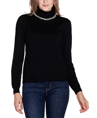 Belldini Women's Embellished Mock Neck Puff-Sleeve Sweater