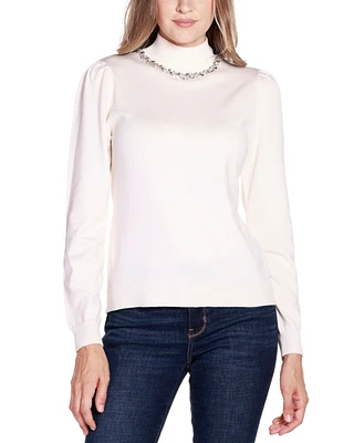 Belldini Women's Embellished Mock Neck Puff-Sleeve Sweater