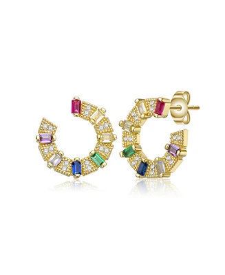 Genevive Sterling Silver 14k Gold Plated Rainbow with Cubic Zirconia Front-Facing C-Hoop Earrings - Multi