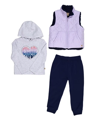 Bearpaw Toddler Girls 3 Piece Reversible Vest Hooded Top and Jogger Outfit Set