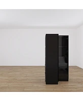 Famapy Black Wood 4-Shelf Corner Bookcase with Glass Doors,Led Lights