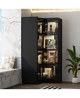 Famapy Black Wood 4-Shelf Corner Bookcase with Glass Doors,Led Lights