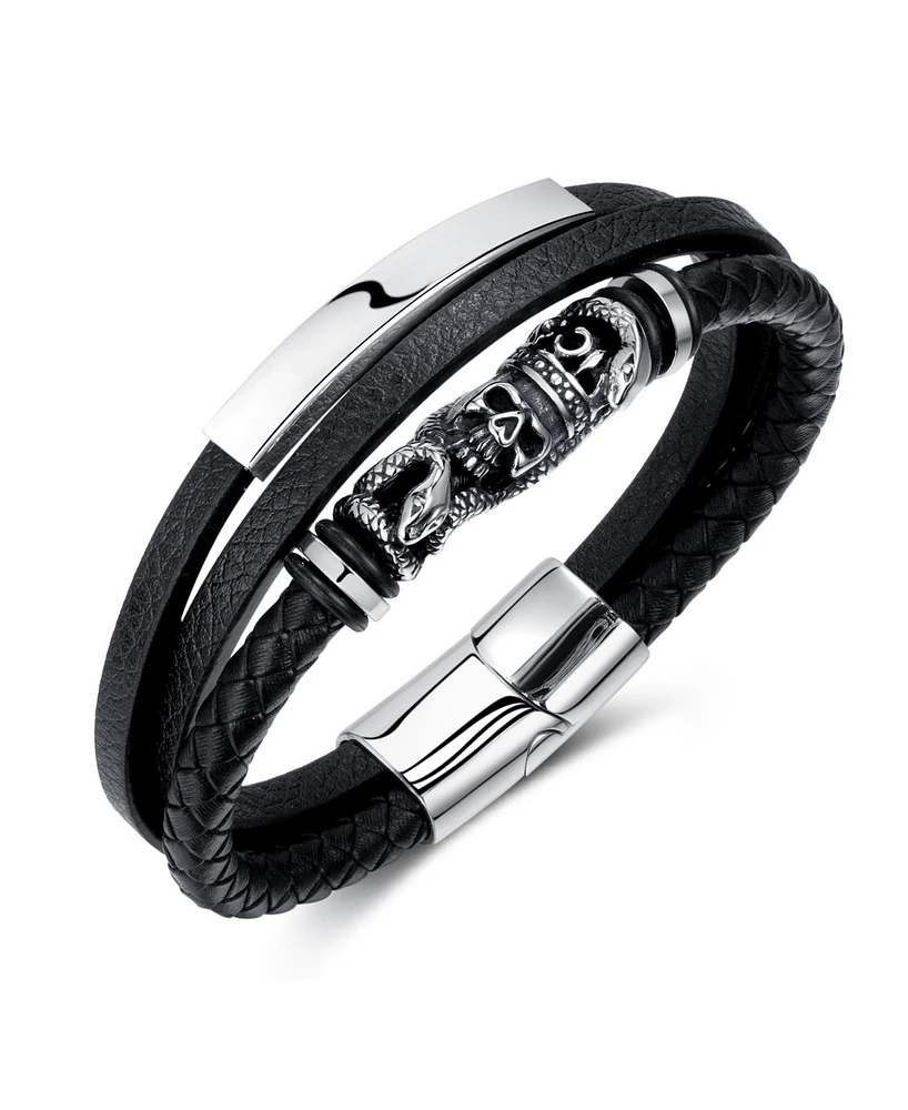 Rhona Sutton Black Skull Snake Leather Stainless Steel Bracelet