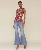 Avec Les Filles Sleeveless Floral Mesh Top Extreme Flare Jeans