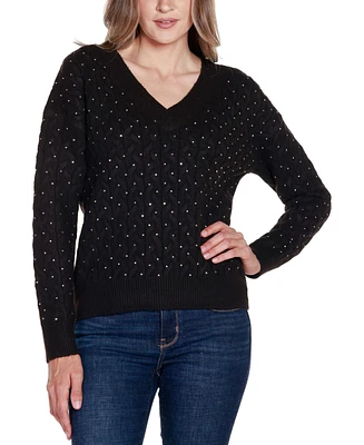 Belldini Black Label Women's Embellished Cabled V-Neck Sweater