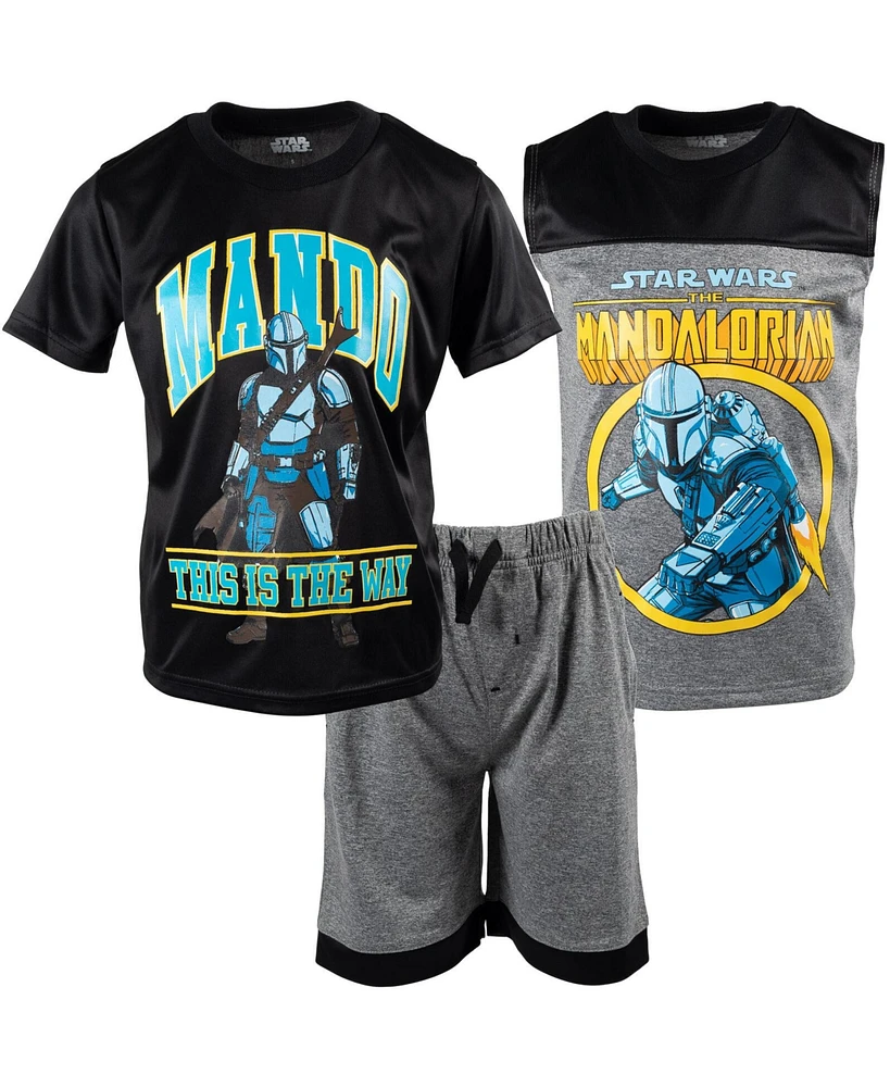 Starwars Boys Star Wars The Mandalorian Athletic Pullover T-Shirt Tank Top and Shorts 3 Piece Outfit Set to