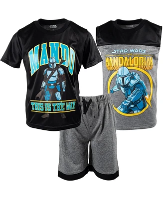 Starwars Boys Star Wars The Mandalorian Athletic Pullover T-Shirt Tank Top and Shorts 3 Piece Outfit Set to