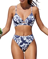 Cupshe Women's Frequent Flyer Plunging Bikini Top & High-Rise Bottoms Set