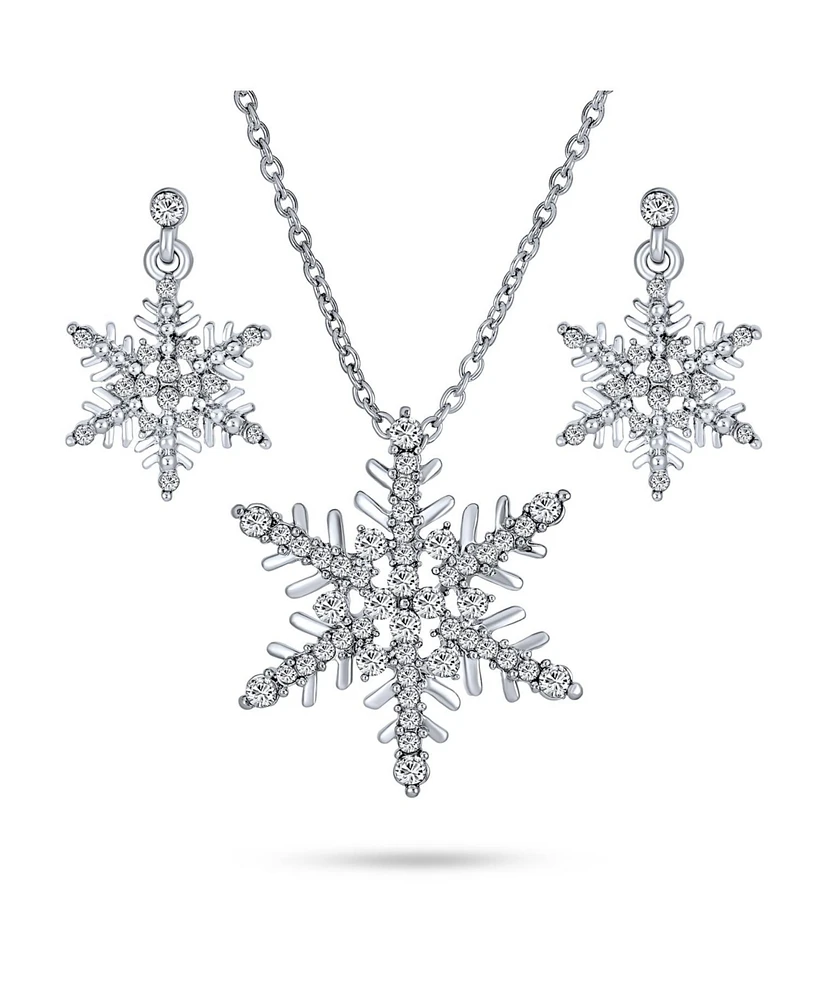 Bling Jewelry Holiday Party Frozen Winter Christmas Crystal White Snowflake Pendant Necklace Earring Jewelry Set For Women Silver Plated