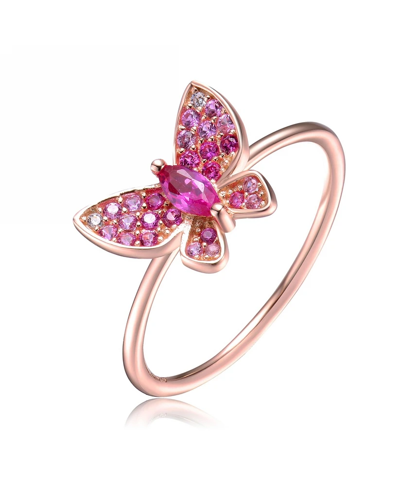 GiGiGirl Sterling Silver with 18K Rose Gold Plated Red Cubic Zirconia Small Butterfly Ring