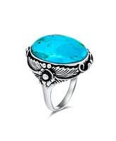 Bling Jewelry Leaf Large Oval Natural Turquoise Statement Ring Western Jewelry For Women .925 Sterling Silver