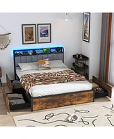Gymax Led Bed Frame Queen Size w/ Charging Station Upholstered Headboard 4 Drawers
