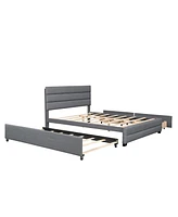 Slickblue Queen Upholstered Platform Bed with Twin Size Trundle and Two Drawers