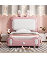 Slickblue Twin Size Upholstered Princess Bed with Rabbit Shape Design for Kids