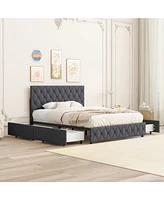 Slickblue Queen Size Upholstered Platform Bed Frame with 4 Storage Drawers for Added Convenience