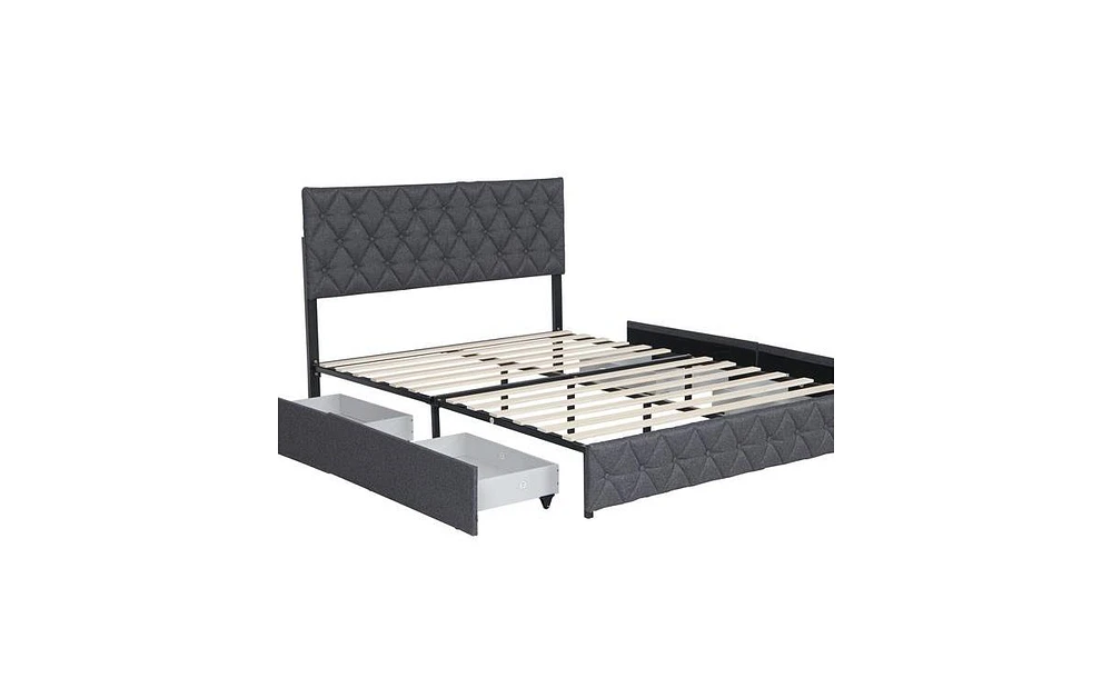 Slickblue Queen Size Upholstered Platform Bed Frame with 4 Storage Drawers for Added Convenience