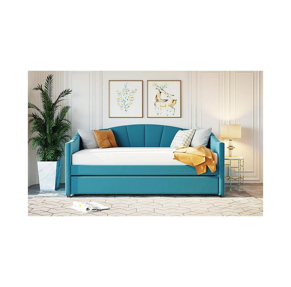 Slickblue Twin Size Upholstered Daybed Sofa Bed with Trundle and Wood Slat Support
