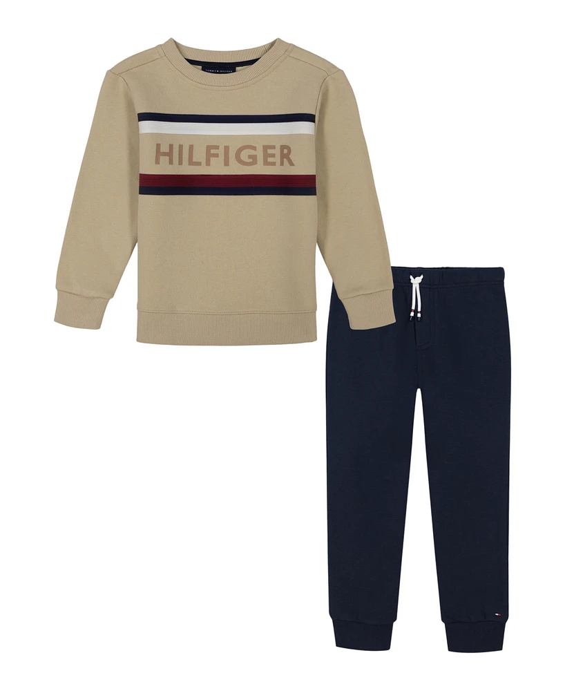 Tommy Hilfiger Baby Boy Chest Stripe Fleece Crewneck Joggers, 2-Piece Set