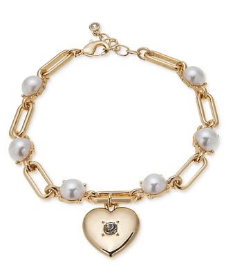 On 34th Gold-Tone Pave Heart Charm Imitation Pearl Link Bracelet, Created for Macy's