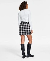 Dkny Jeans Womens Ribbed Bodysuit Plaid Mini Skirt