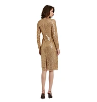 Mac Duggal Women's Beaded Georgette Long Sleeve Fitted Midi Dress