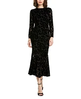 Mac Duggal Women's Burnout Velvet Long Sleeve Ruffle Hem Midi Dress