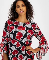 Kasper Women's Floral-Print Crewneck Ruffle-Sleeve Blouse