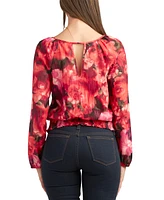 Bcx Juniors' Floral-Print Peplum-Hem Keyhole Top