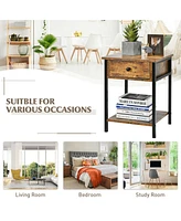 Gymax 2PCS Industrial End Side Table Nightstand with Drawer Shelf Rustic Brown